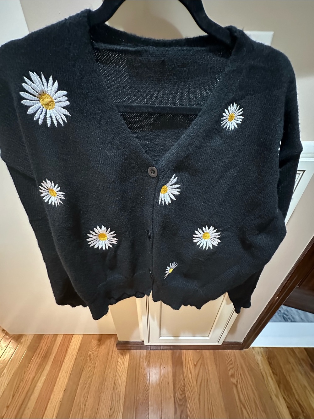 Black Daisy Embroidered V-Neck Cardigan Sweater